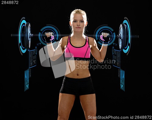 Image of sporty woman exercising with barbell