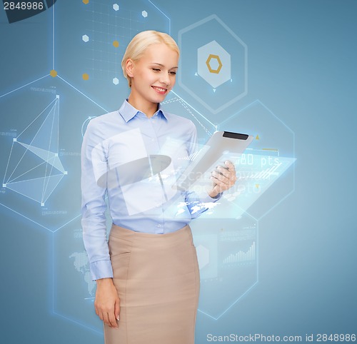 Image of smiling woman looking at tablet pc computer