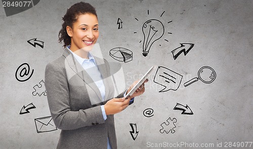 Image of smiling woman looking at tablet pc