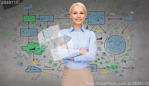 Image of young smiling businesswoman with crossed arms