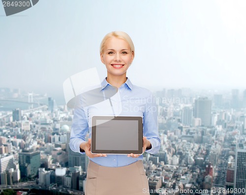 Image of businesswoman with blank black tablet pc screen