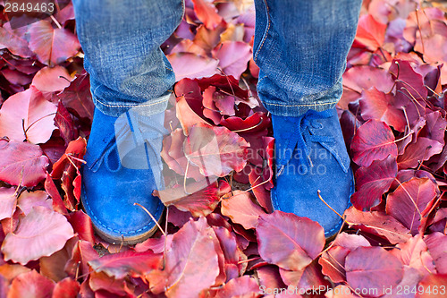 Image of suede boots in autumn leaves