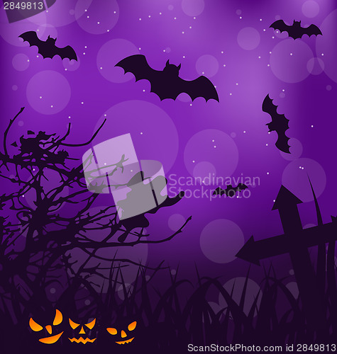 Image of Halloween ominous background with pumpkins, bats, ghost 