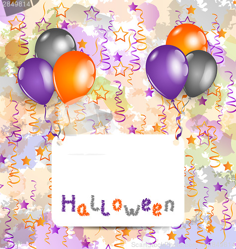 Image of Halloween card with set colorful balloons and tinsel