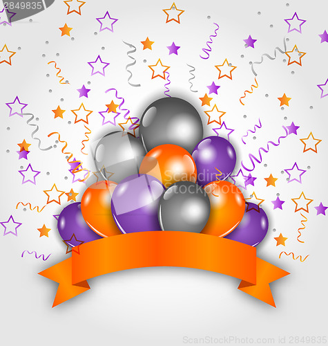 Image of Halloween decoration with balloons, confetti and  ribbon