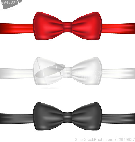 Image of Set realistic red, white and black bow ties, isolated on white b