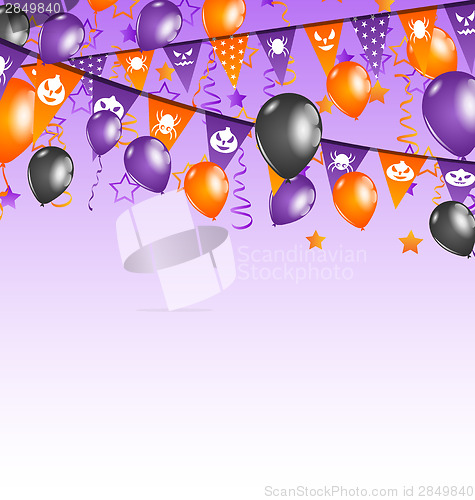 Image of Halloween background with hanging flags and balloons