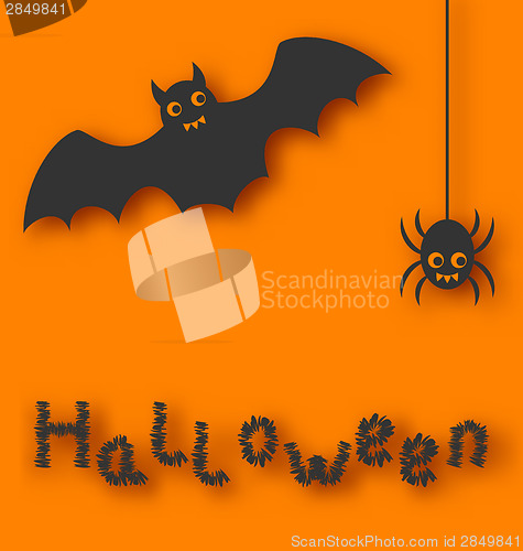 Image of Cartoon bat and spider on orange background