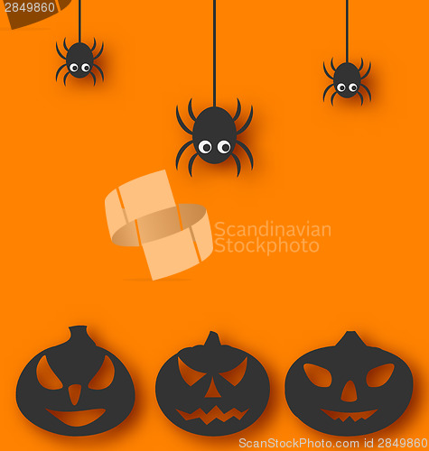 Image of Halloween background with hanging spiders and pumpkins