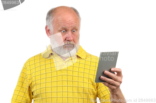 Image of amazed and astonished senior bald man with mirror