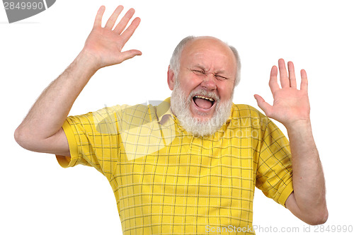 Image of hands up, smiling senior bald man