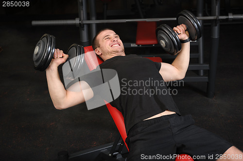 Image of Young man doing Dumbbell Incline Bench Press workout in gym