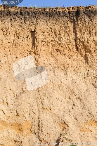 Image of Cut of soil with different layers, grass and sky