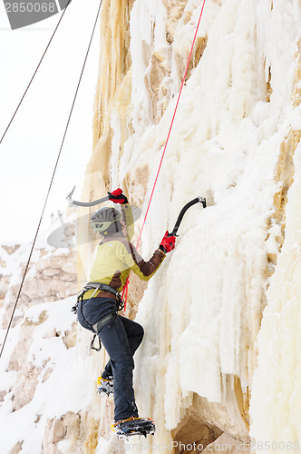 Image of Young man climbing the ice