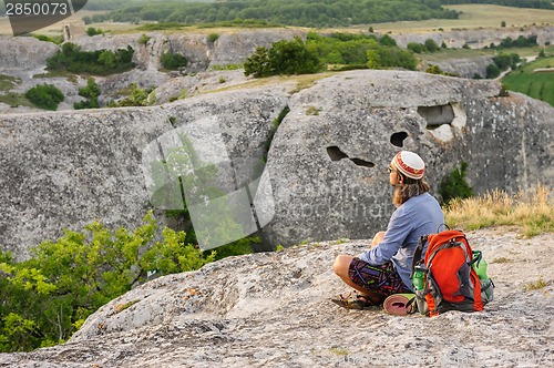 Image of Hiking man having rest