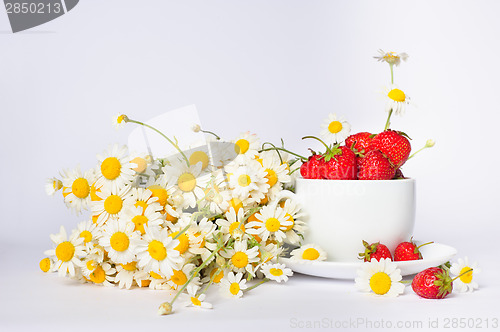 Image of chamomiles and strawberries in the cup