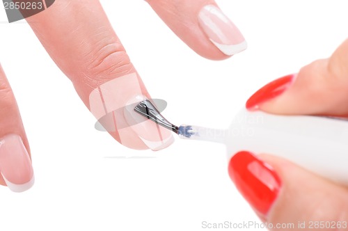 Image of manicure, applying clear enamel