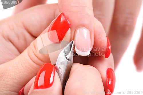 Image of manicure applying - cutting the cuticle 