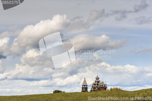 Image of Wooden church at Kizhi against dramatic cloudscape