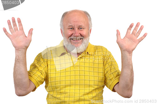 Image of hands up, smiling senior bald man