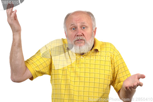 Image of senior bald man gestures disturbance