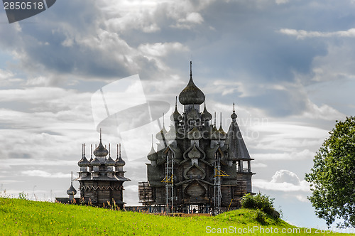 Image of Wooden church at Kizhi under reconstruction