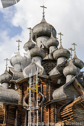 Image of Wooden church at Kizhi under reconstruction