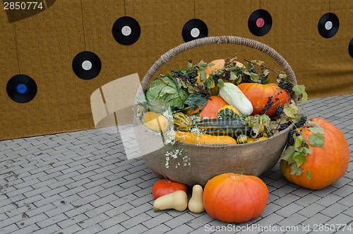 Image of autumn decoration of vegetable in wicker backet 