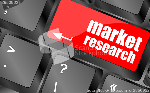 Image of key with market research text on laptop keyboard, business concept