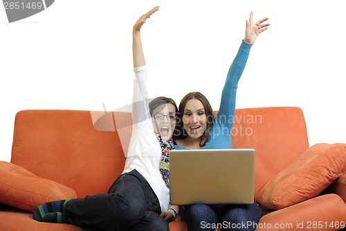 Image of female friends working on laptop computer at home