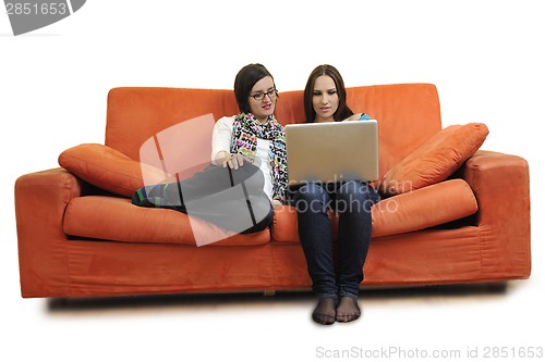 Image of female friends working on laptop computer at home