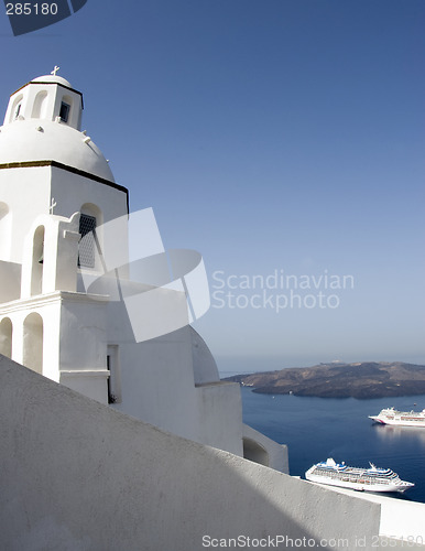 Image of greek church overlooking harbor