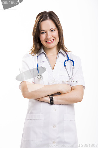 Image of Beautiful young doctor, isolated over white background
