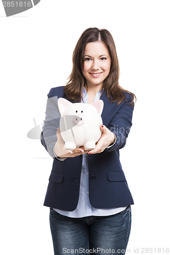 Image of Business woman showing a piggy bank