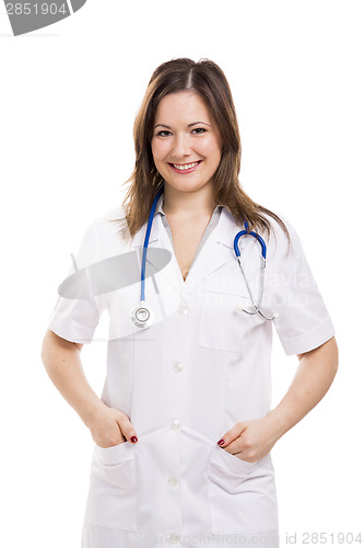 Image of Beautiful young doctor, isolated over white background