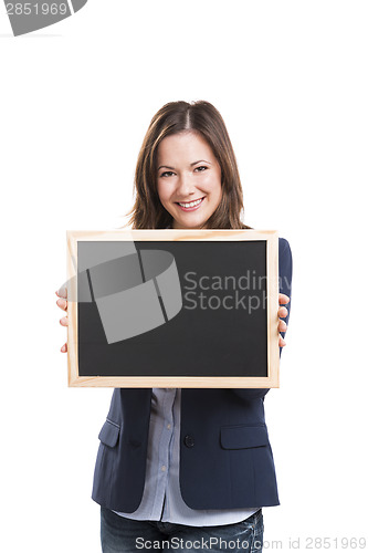 Image of Business woman holding a chalkboard