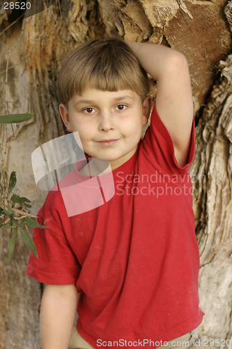 Image of Boy leaning against a tree