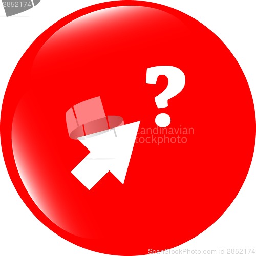 Image of computer button with arrow and questions mark, web icon isolated on white