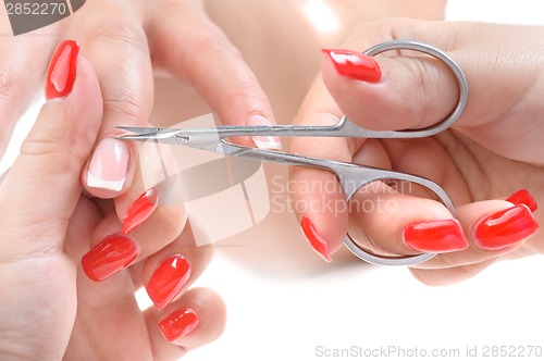 Image of manicure applying - cutting the cuticle 