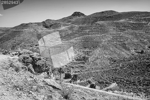 Image of Rocky Sahara desert in southern Tunisia black and white