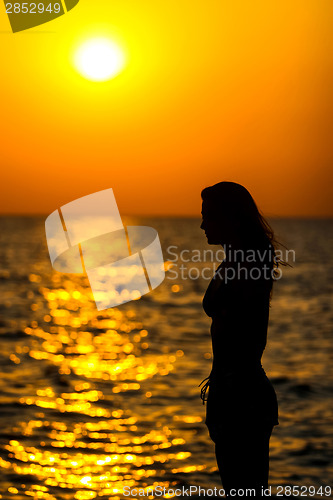 Image of Woman looking at sunset
