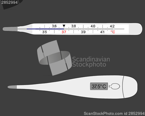 Image of Illustration of analog and digital clinical thermometers on gray