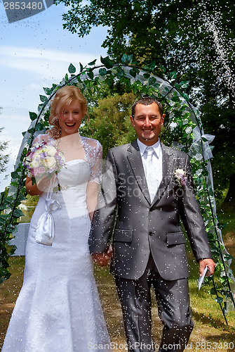 Image of Happy just married couple under a rice rain