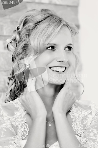 Image of bw portrait of beautiful smiling bride