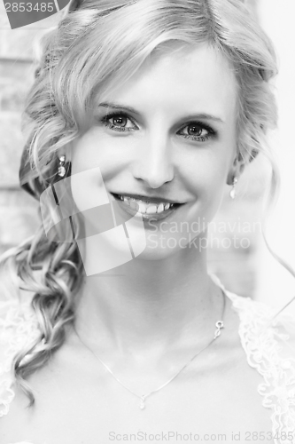 Image of bw portrait of beautiful smiling bride