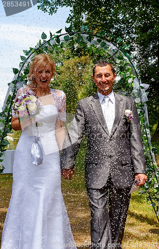 Image of Happy just married couple under a rice rain