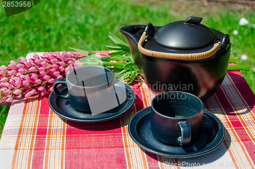 Image of close up black clay tea set and lupine aoutdoor  