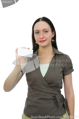 Image of woman keeps card on white background