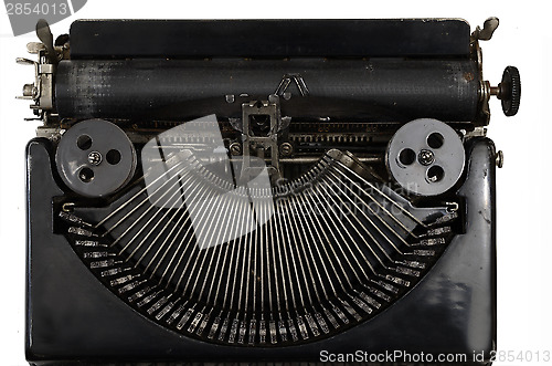 Image of vintage portable typewriter with Cyrillic letters on white