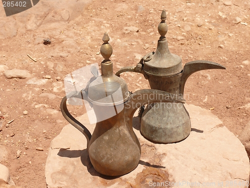 Image of Stylish brass kettles, typical Jordanian craftmanship, Petra, Jordan